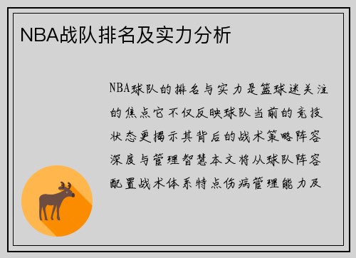 NBA战队排名及实力分析