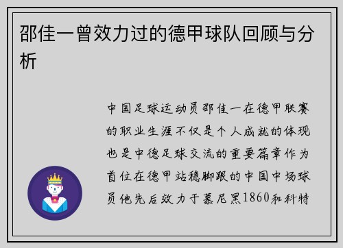 邵佳一曾效力过的德甲球队回顾与分析